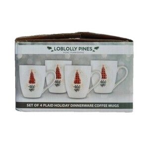 Loblolly Pines Plaid Holiday Dinnerware Mugs "Silent Night"Set of 4 (New in Box)